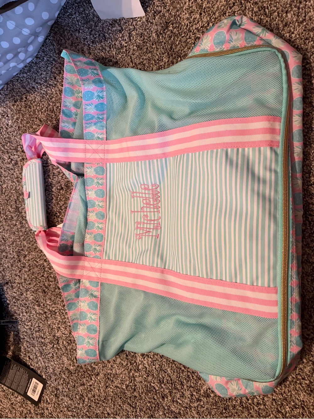 Striped Pink & Mint Beach Tote has Michelle monogrammed